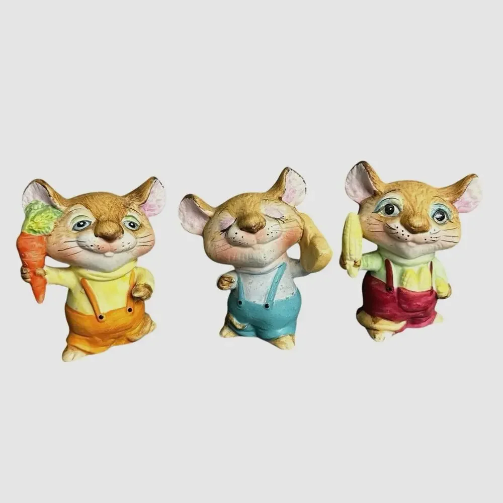 Vintage trio mouse figurines Homco Country Harvest hand painted Taiwan 4” mice